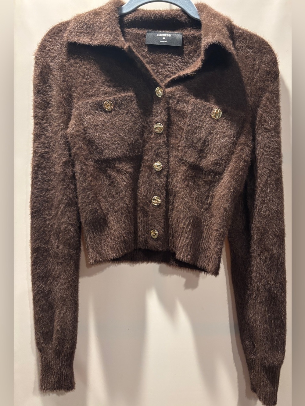 Express Women's Brown Fuzzy Button-Front Jacket size medium